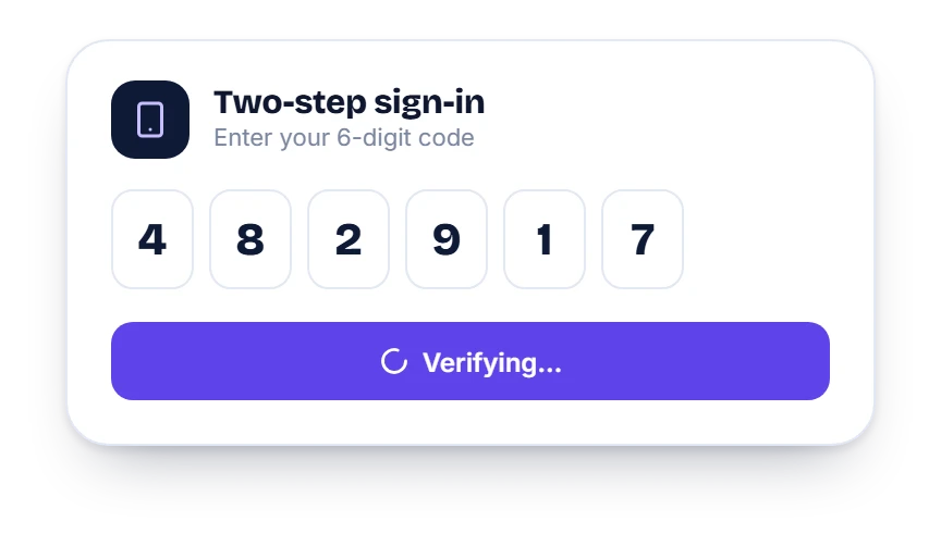 HiDay two-step sign-in screen asking for a six-digit code